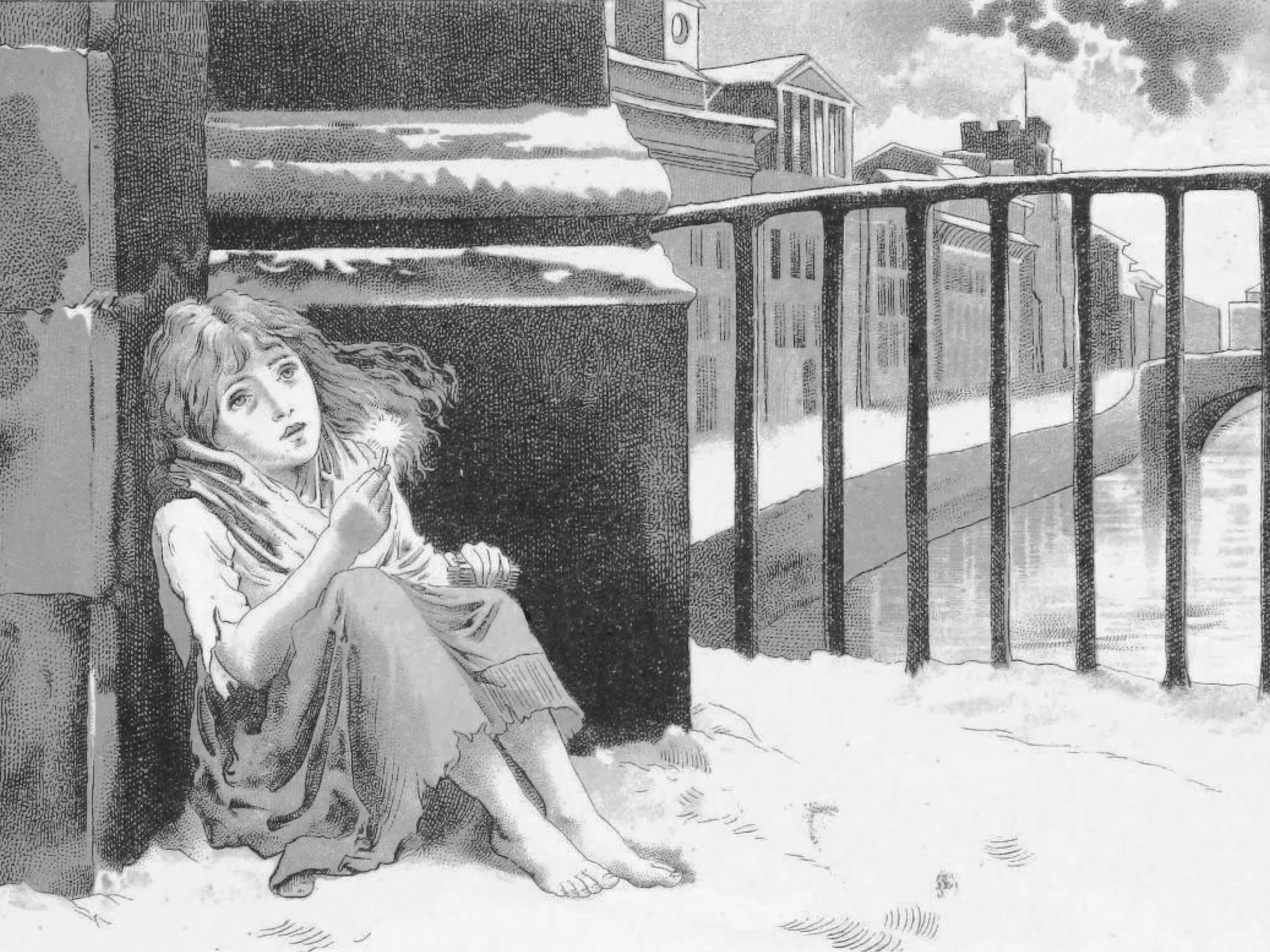 Črno-bela ilustracija mladega dekleta, ki bosa sedi v snegu nad reko